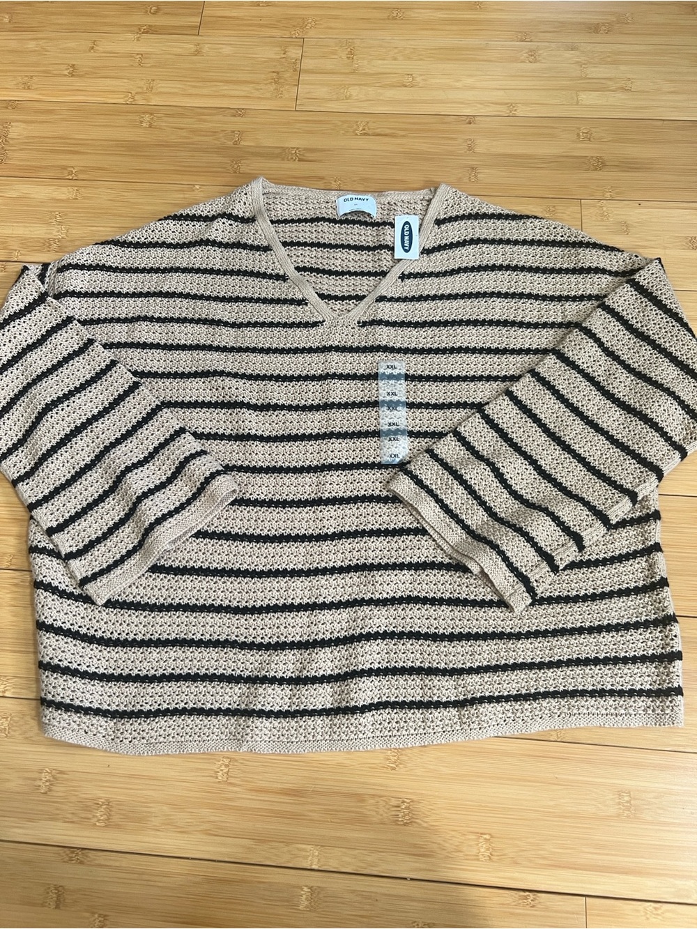 NWT Old Navy Women XXL Open Knit V-Neck Striped Sweater Tan Brown Boho Pullover